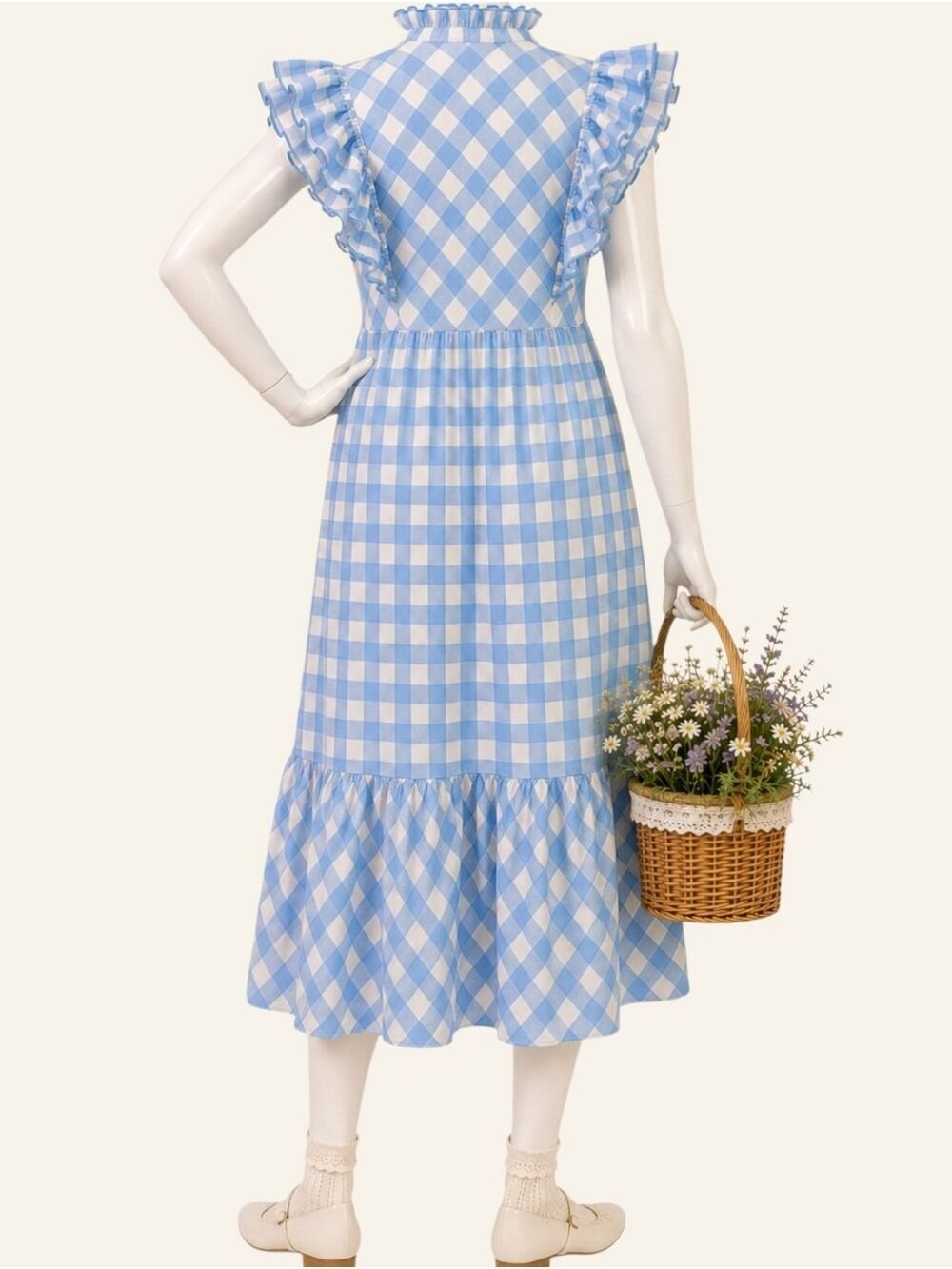 Umgee Blue Gingham Ruffle Midi Dress Small Cottagecore Prairie Pockets NWT - Picture 3 of 7
